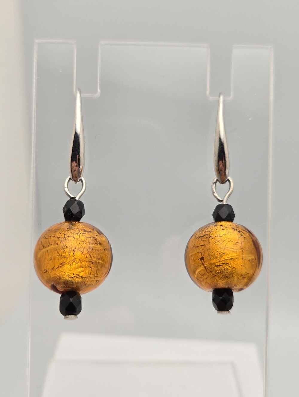 Amber Venetian Glass Earrings Gold Foil Black Beads Silver Tone Dangle 1.5"